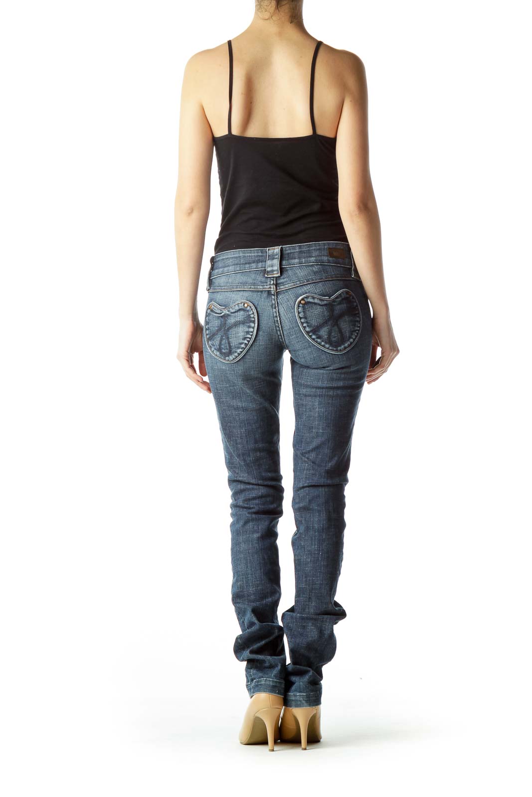 Blue Straight-Leg Denim Jeans Heart Pockets