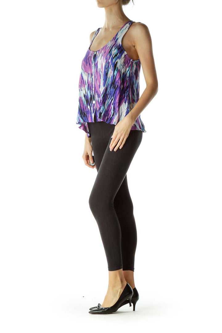 Purple Multicolored Print Sleeveless Blouse