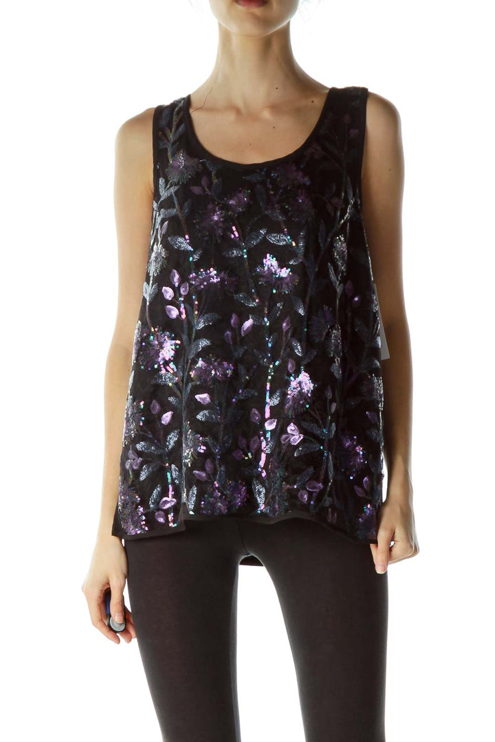 Black Purple Floral Sequins Sleeveless Blouse