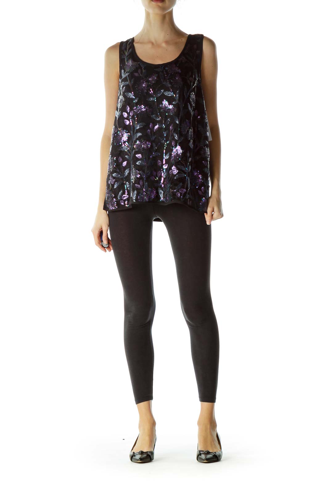 Black Purple Floral Sequins Sleeveless Blouse