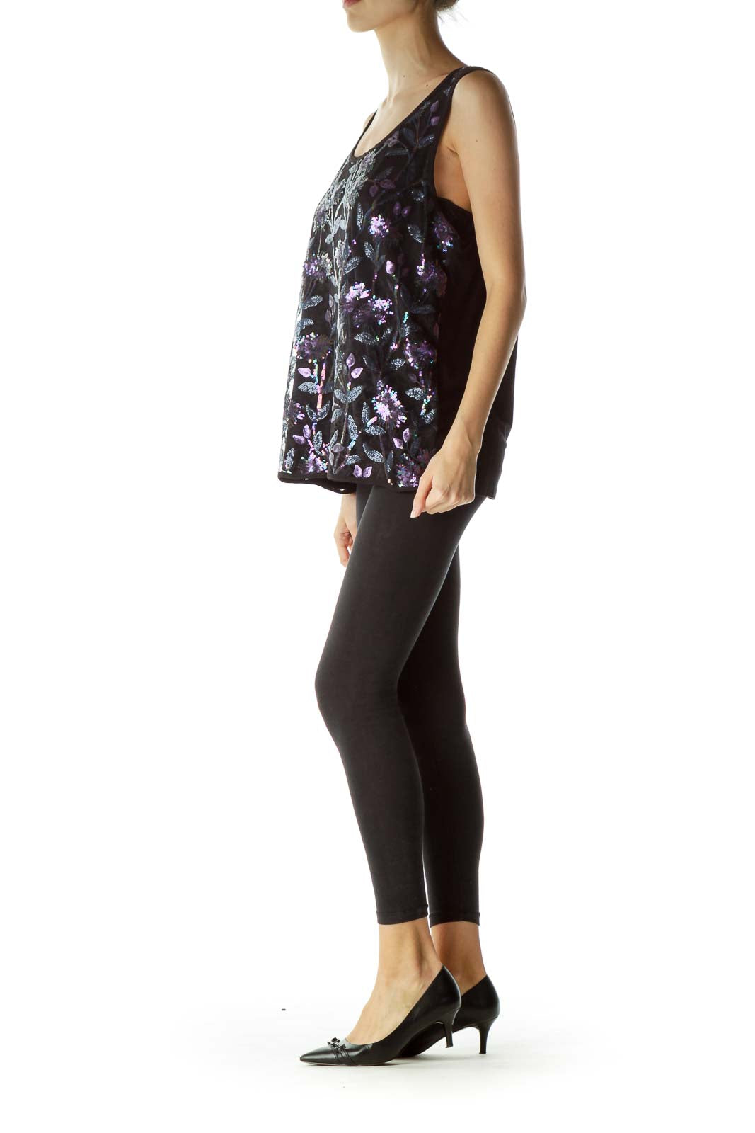 Black Purple Floral Sequins Sleeveless Blouse