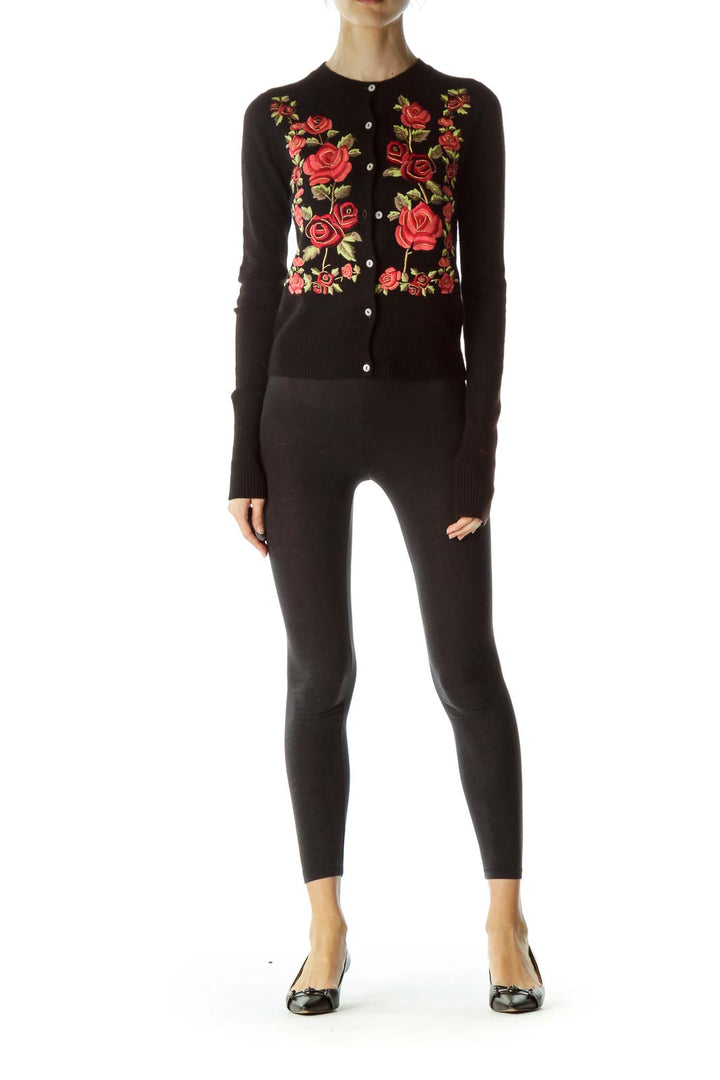 Black Floral Embroidered 100% Cashmere Sweater