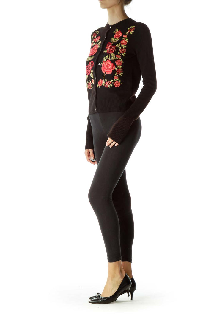 Black Floral Embroidered 100% Cashmere Sweater