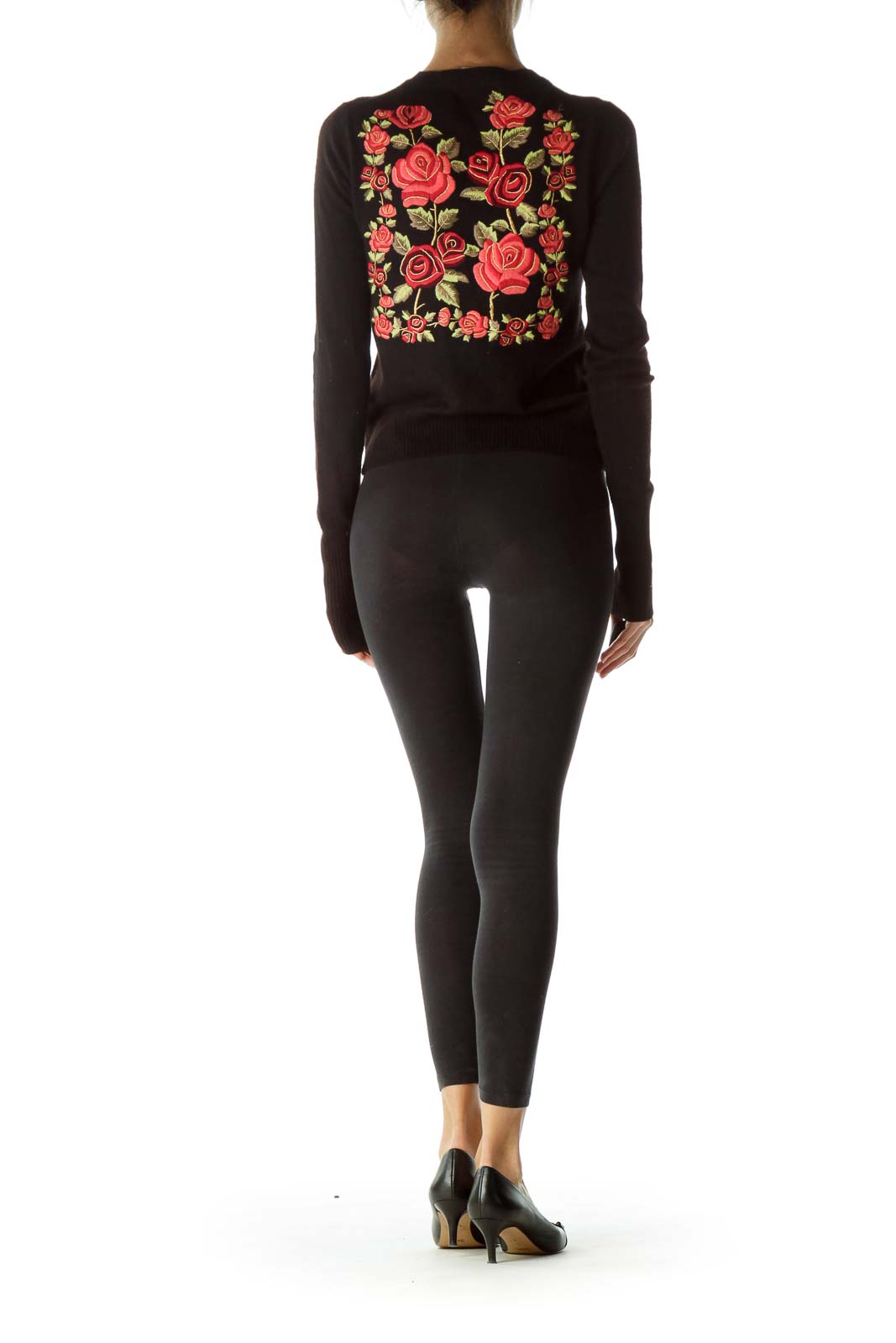 Black Floral Embroidered 100% Cashmere Sweater