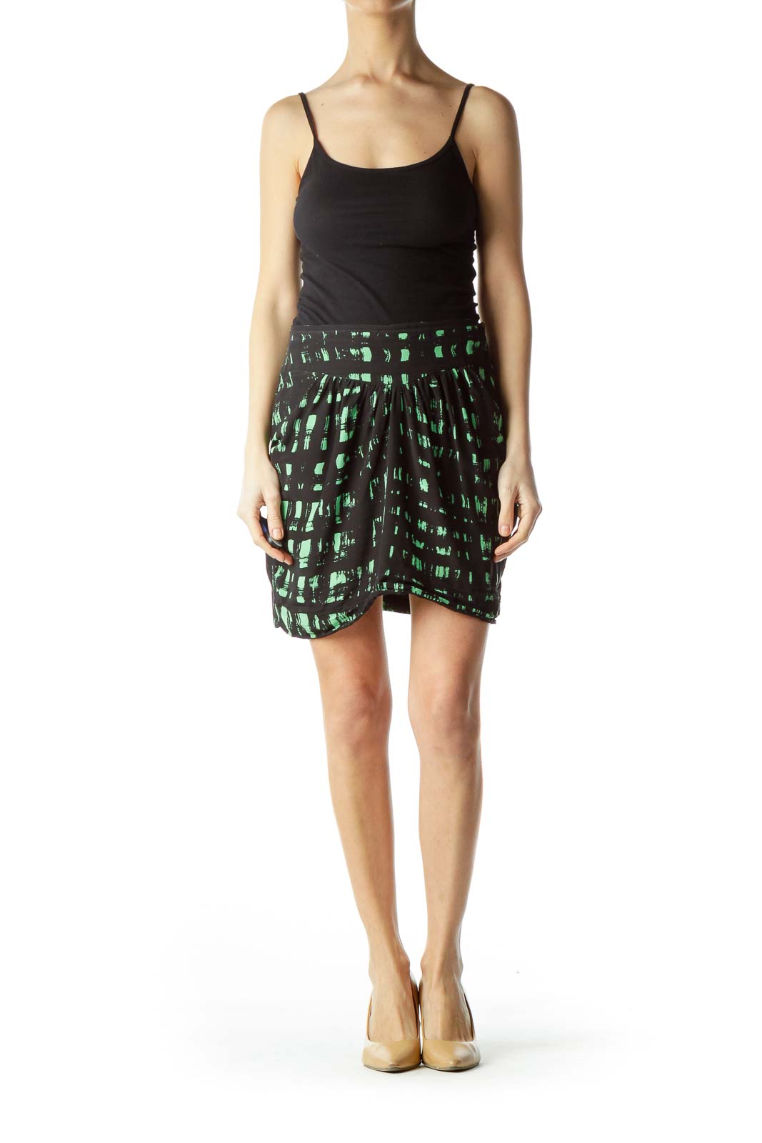 Black Green Print Silk Mini Skirt