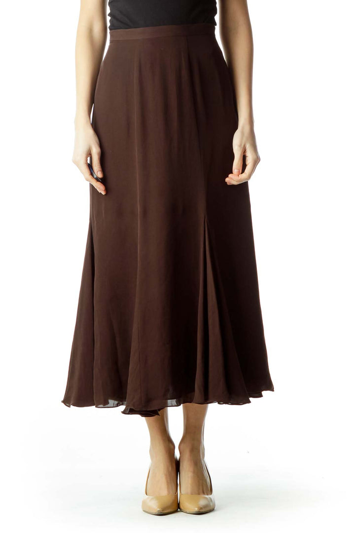 Brown Pleated Silk Flared Skirt