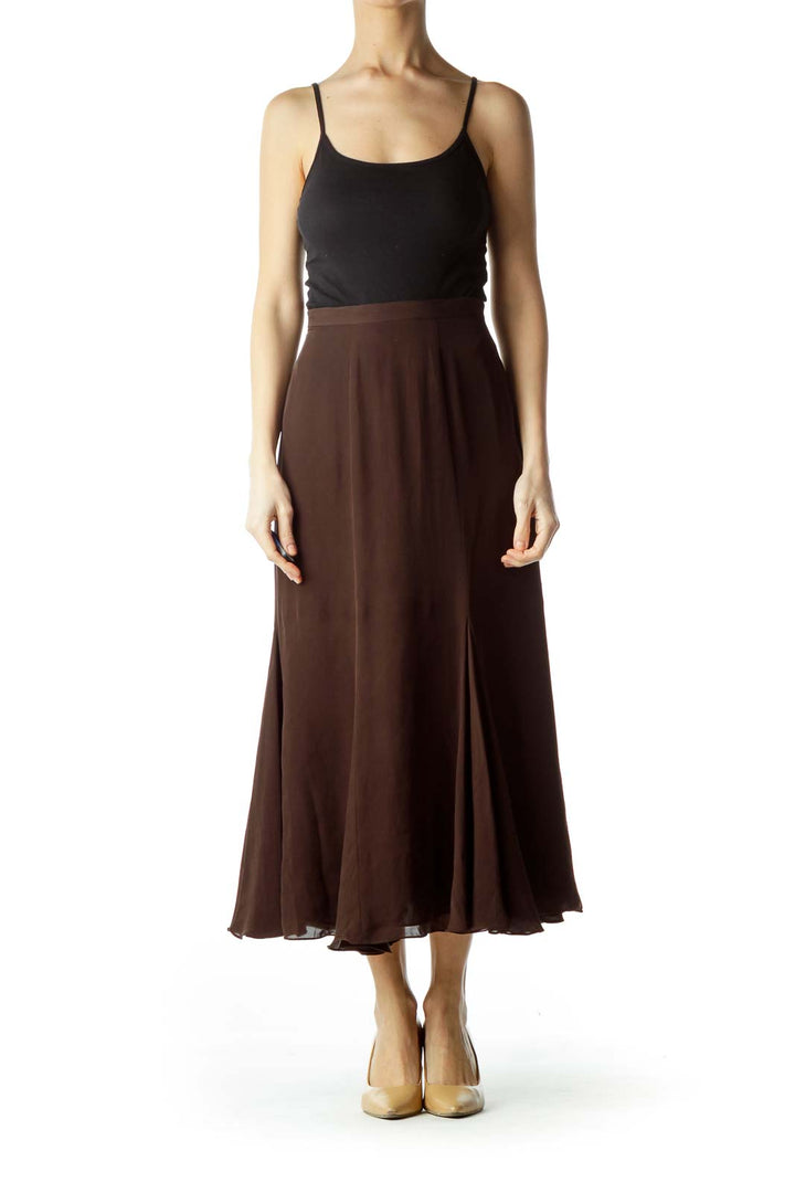 Brown Pleated Silk Flared Skirt