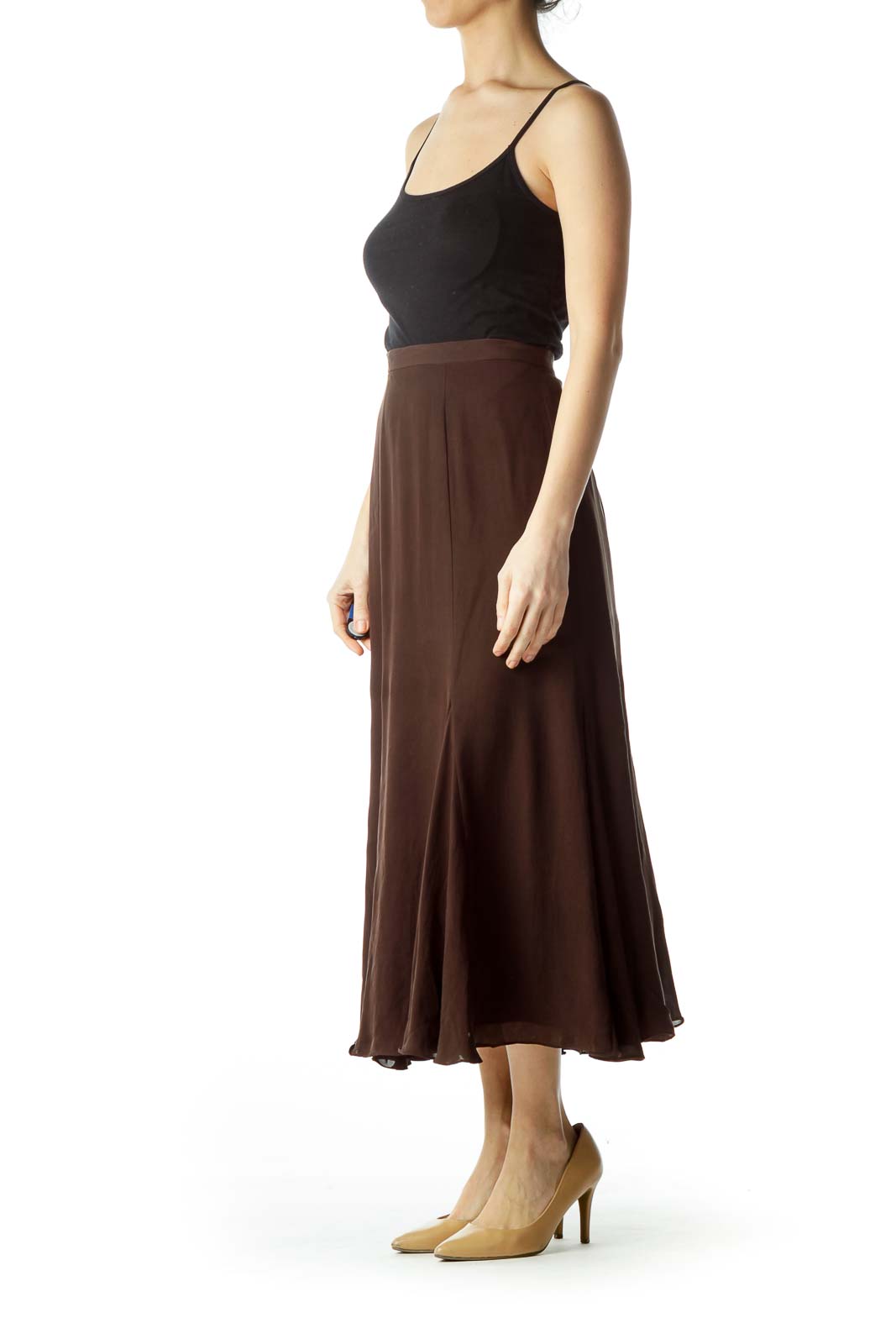 Brown Pleated Silk Flared Skirt