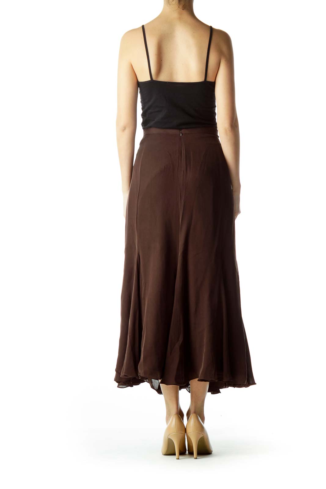 Brown Pleated Silk Flared Skirt