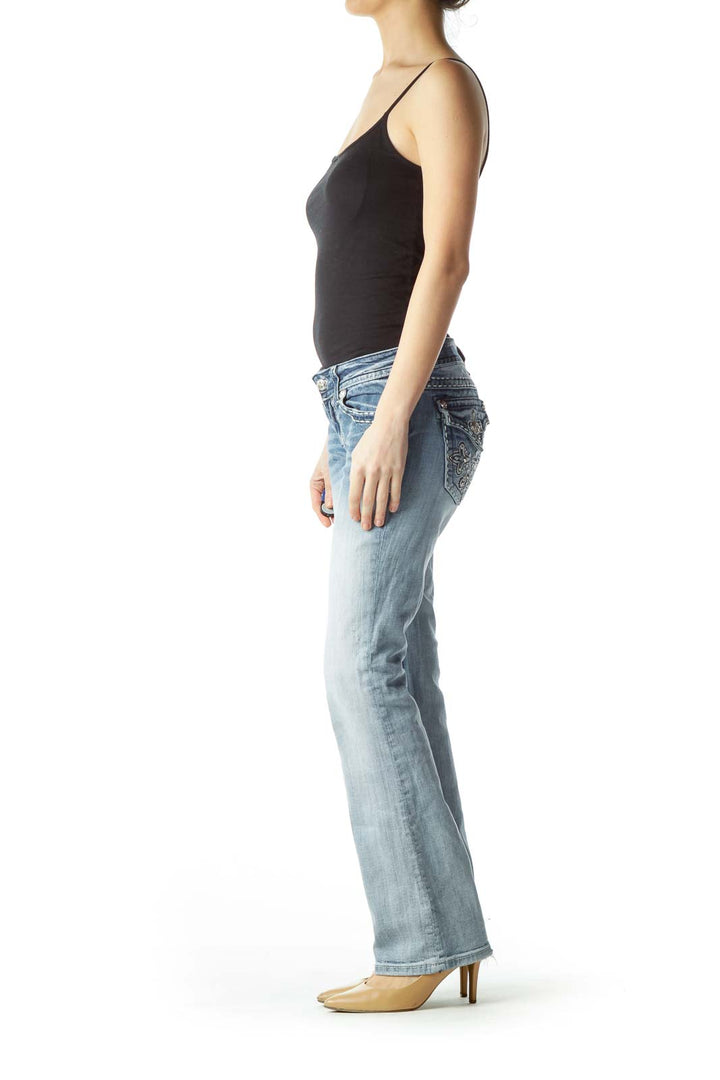 Light-Wash Blue Embellished Denim Jeans