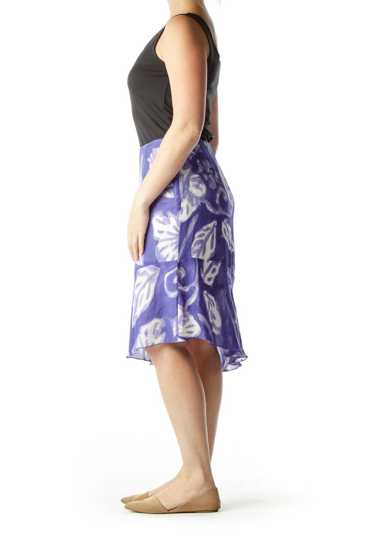 Blue and Cream Leaf Print Flared Skirt