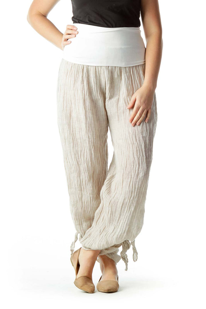 Beige 100% Linen See-Through Flared Pants