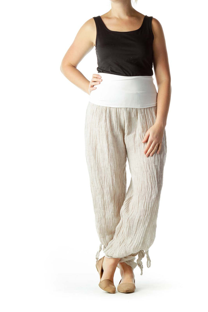 Beige 100% Linen See-Through Flared Pants