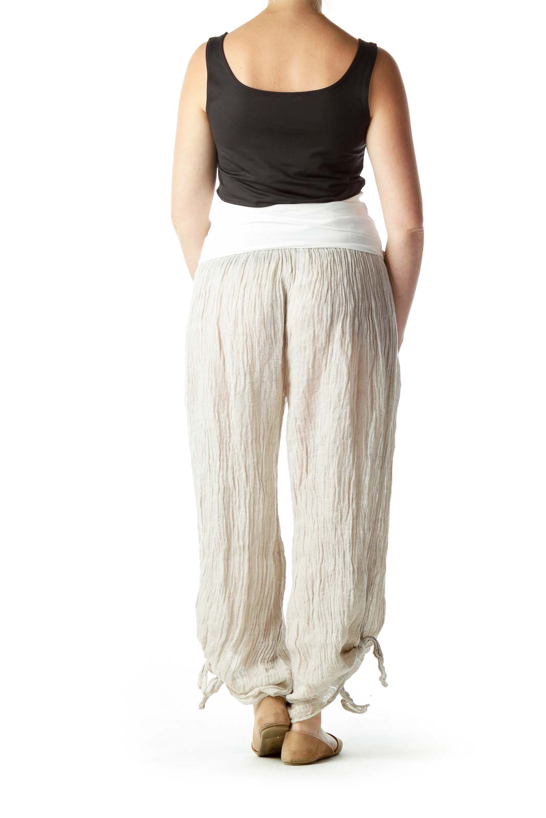 Beige 100% Linen See-Through Flared Pants