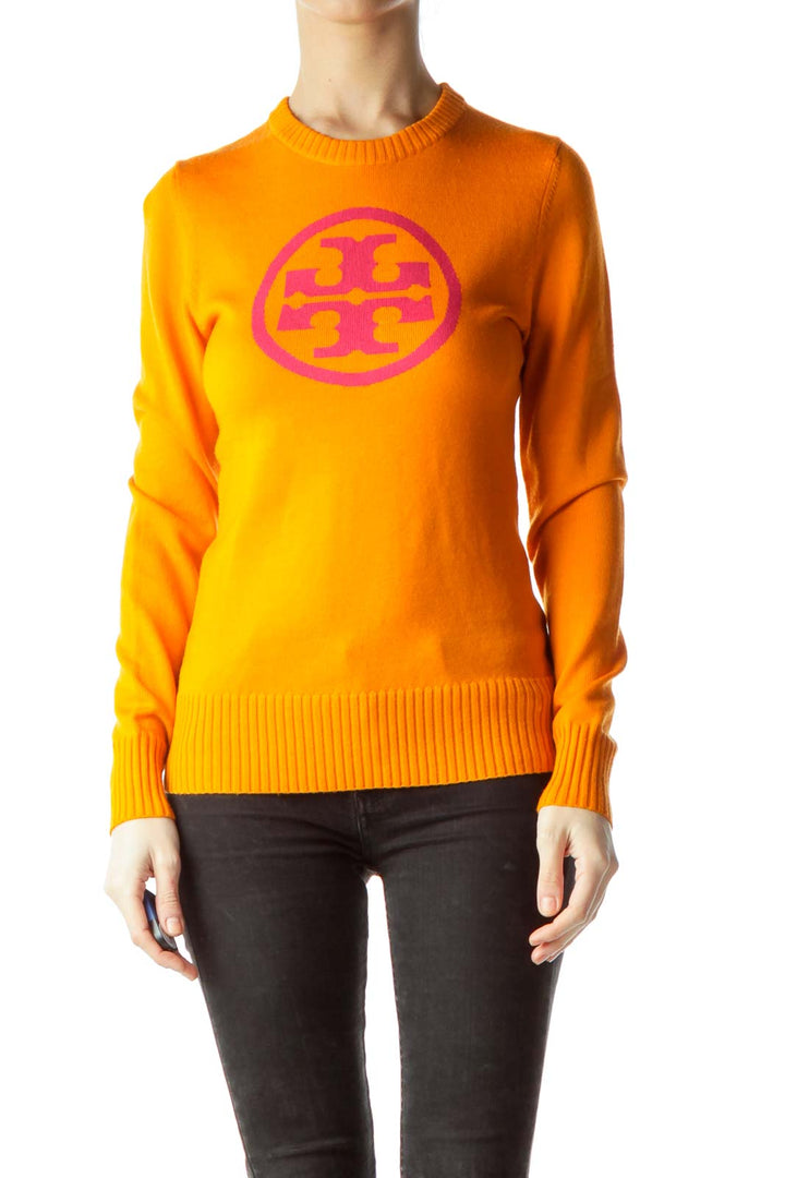 Orange 100% Wool Sweater with Pink Logo