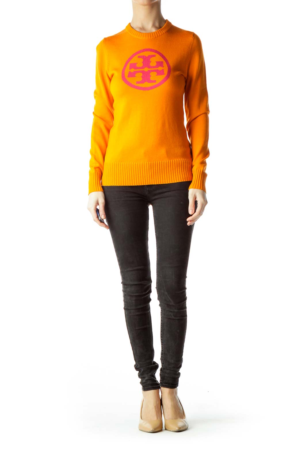 Orange 100% Wool Sweater with Pink Logo