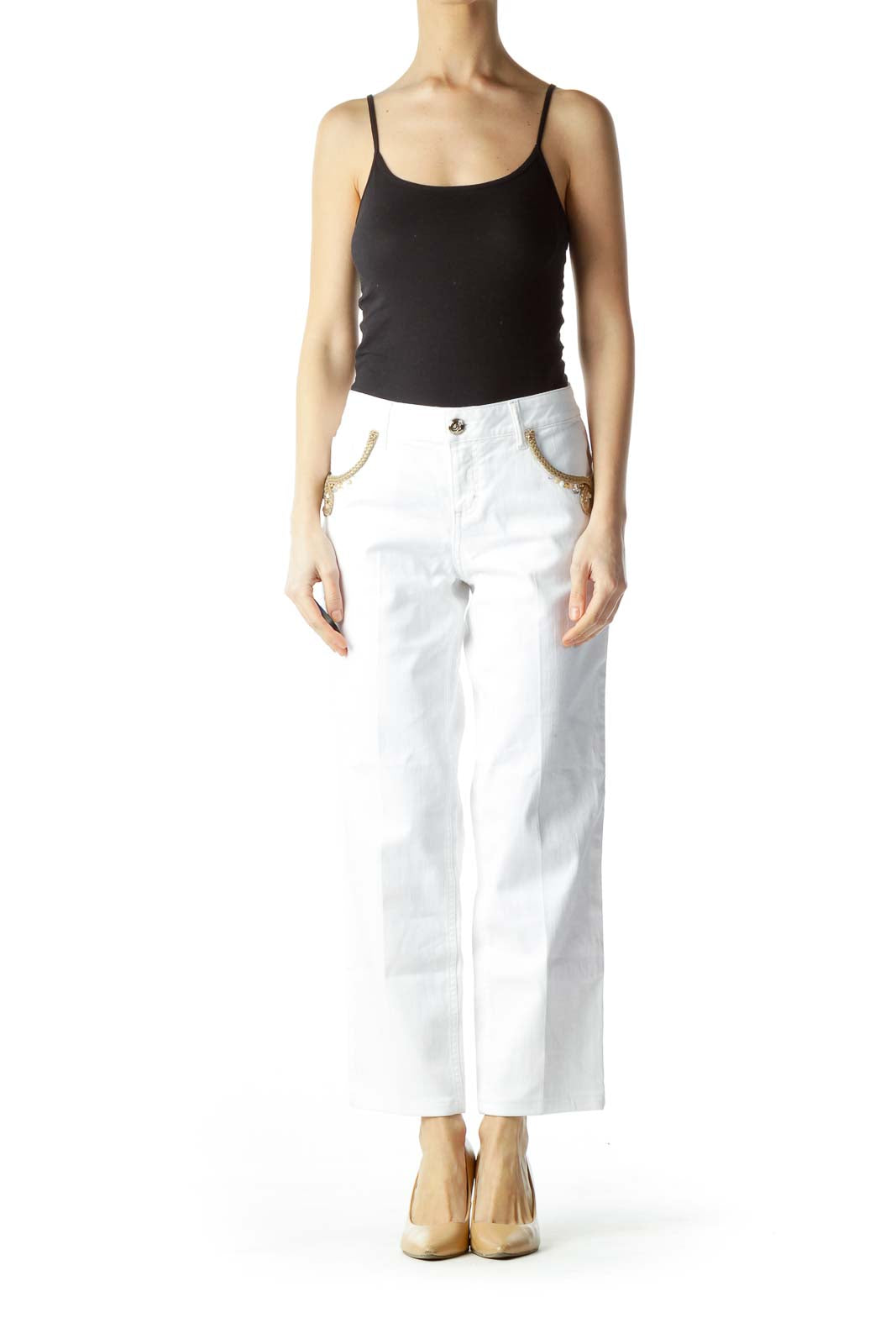 White Pocket Embellishment Skinny Pants