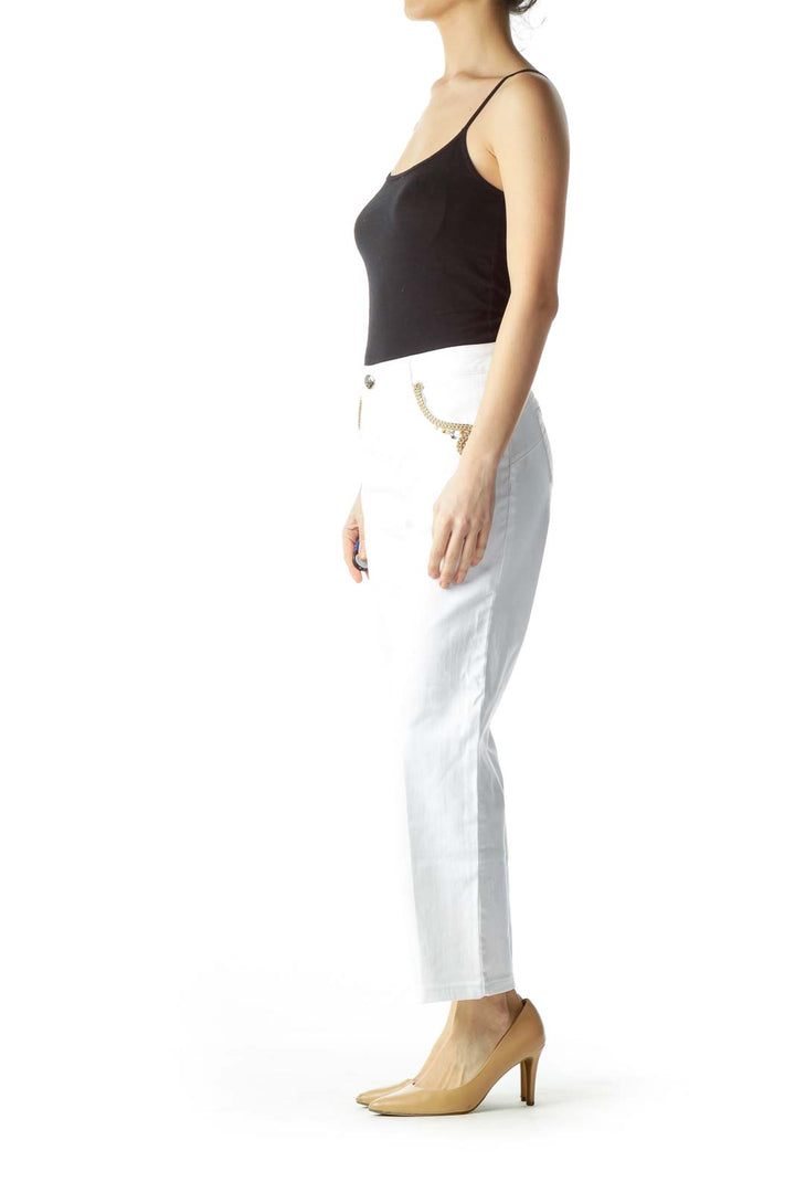 White Pocket Embellishment Skinny Pants