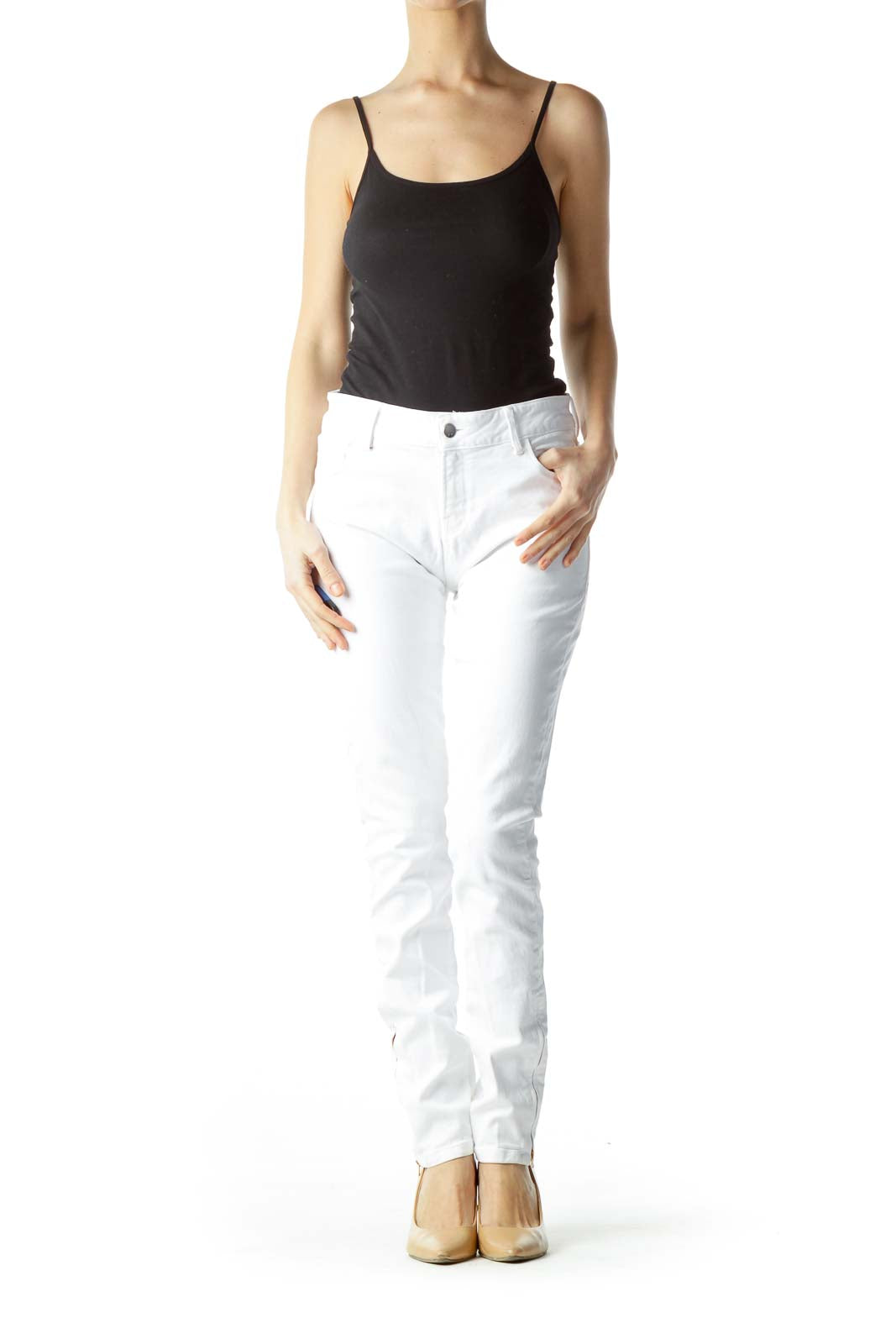 White with Red Zippered Ankles Slim Pants