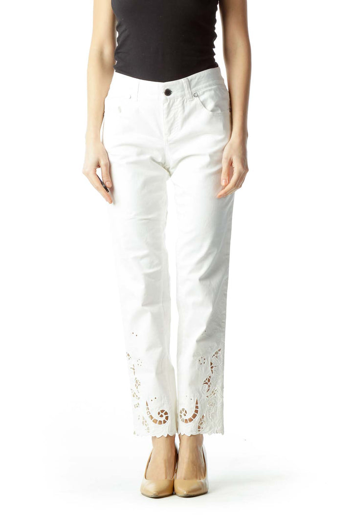 Cream Lower Legs Embroidered Slim-Fit Pants