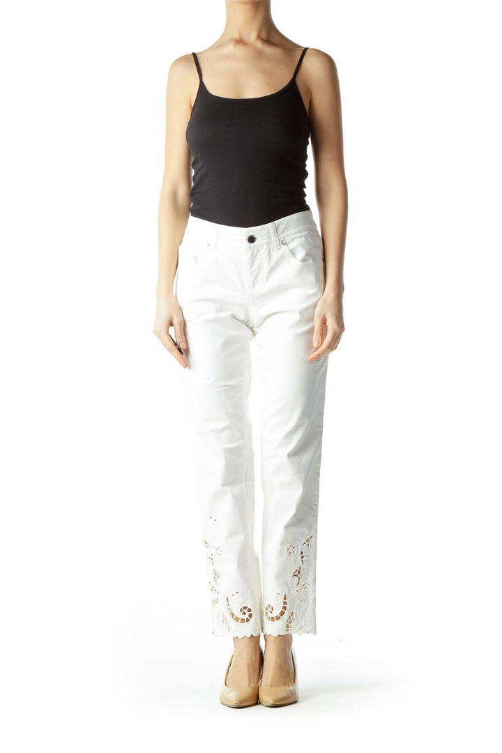 Cream Lower Legs Embroidered Slim-Fit Pants