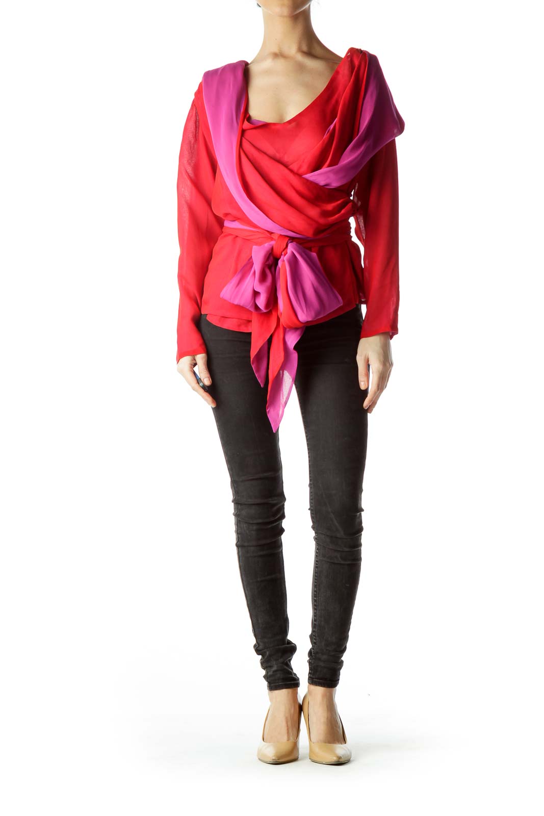 Purple Red Light Blouse, Jacket with Scarf/Belt