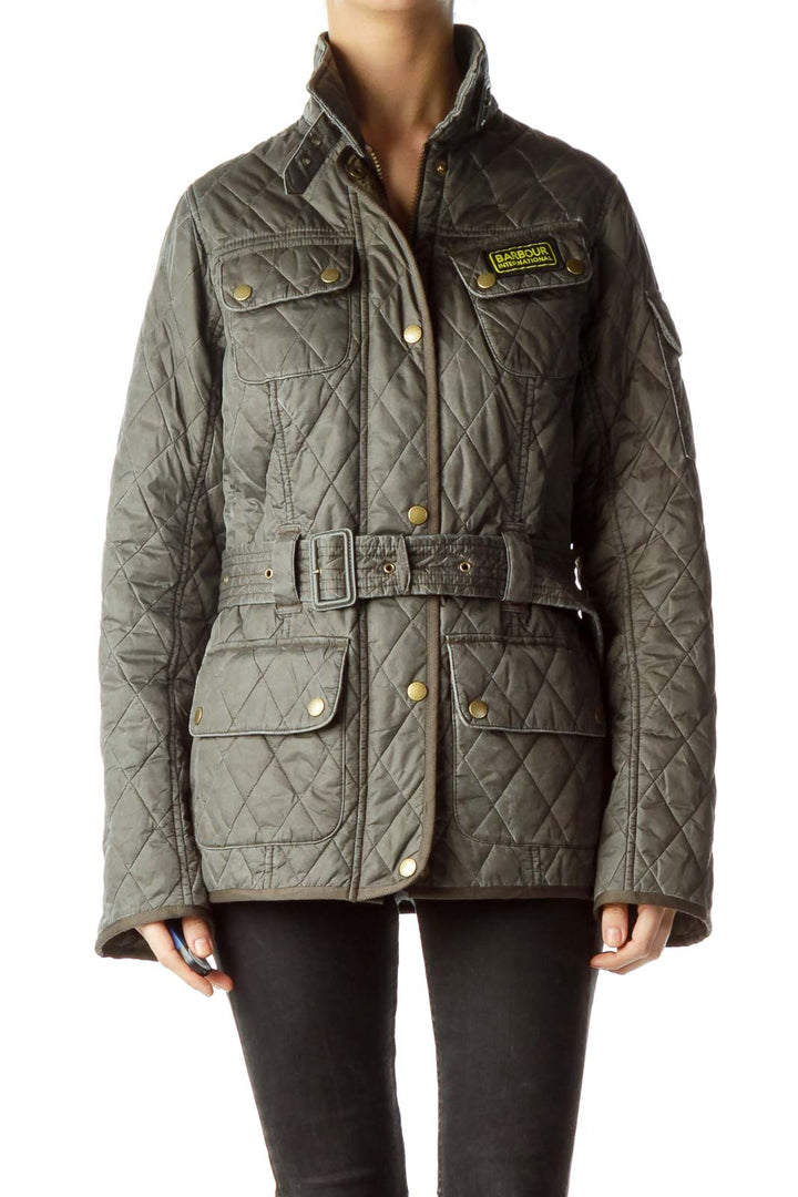 Gray Belted High Neck Padded Jacket