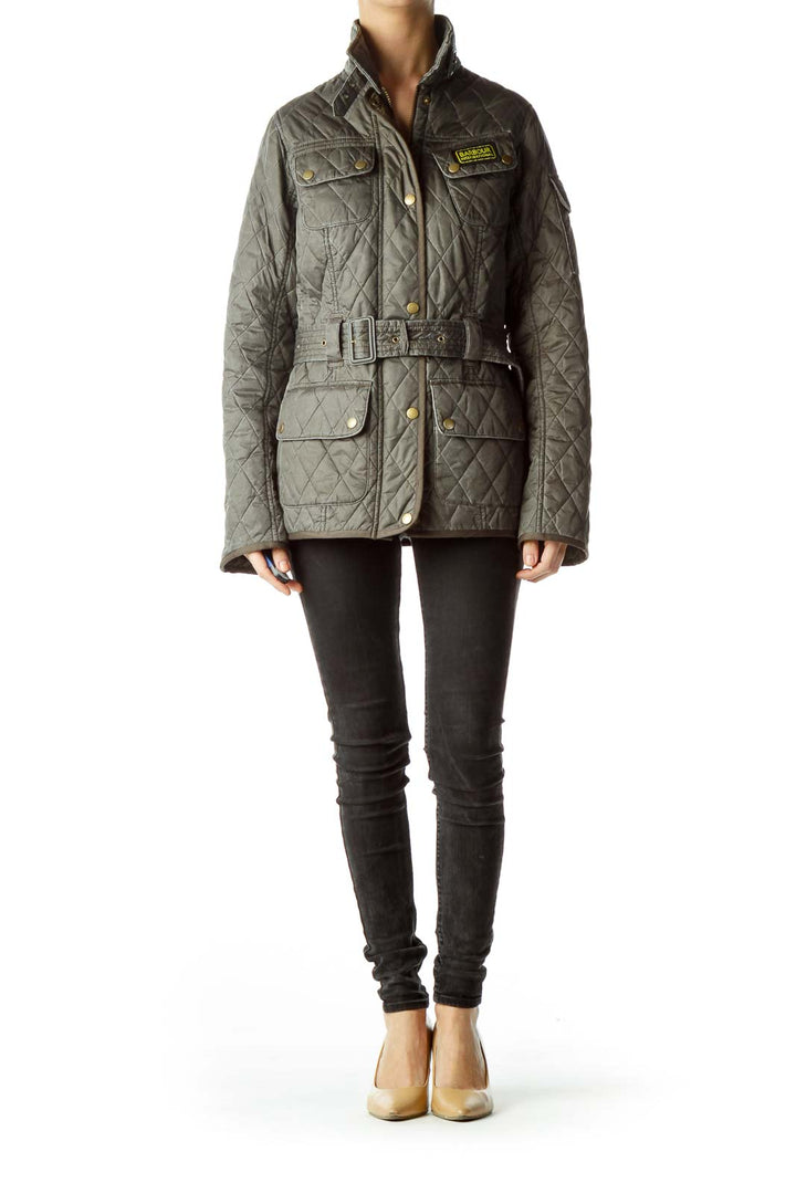 Gray Belted High Neck Padded Jacket