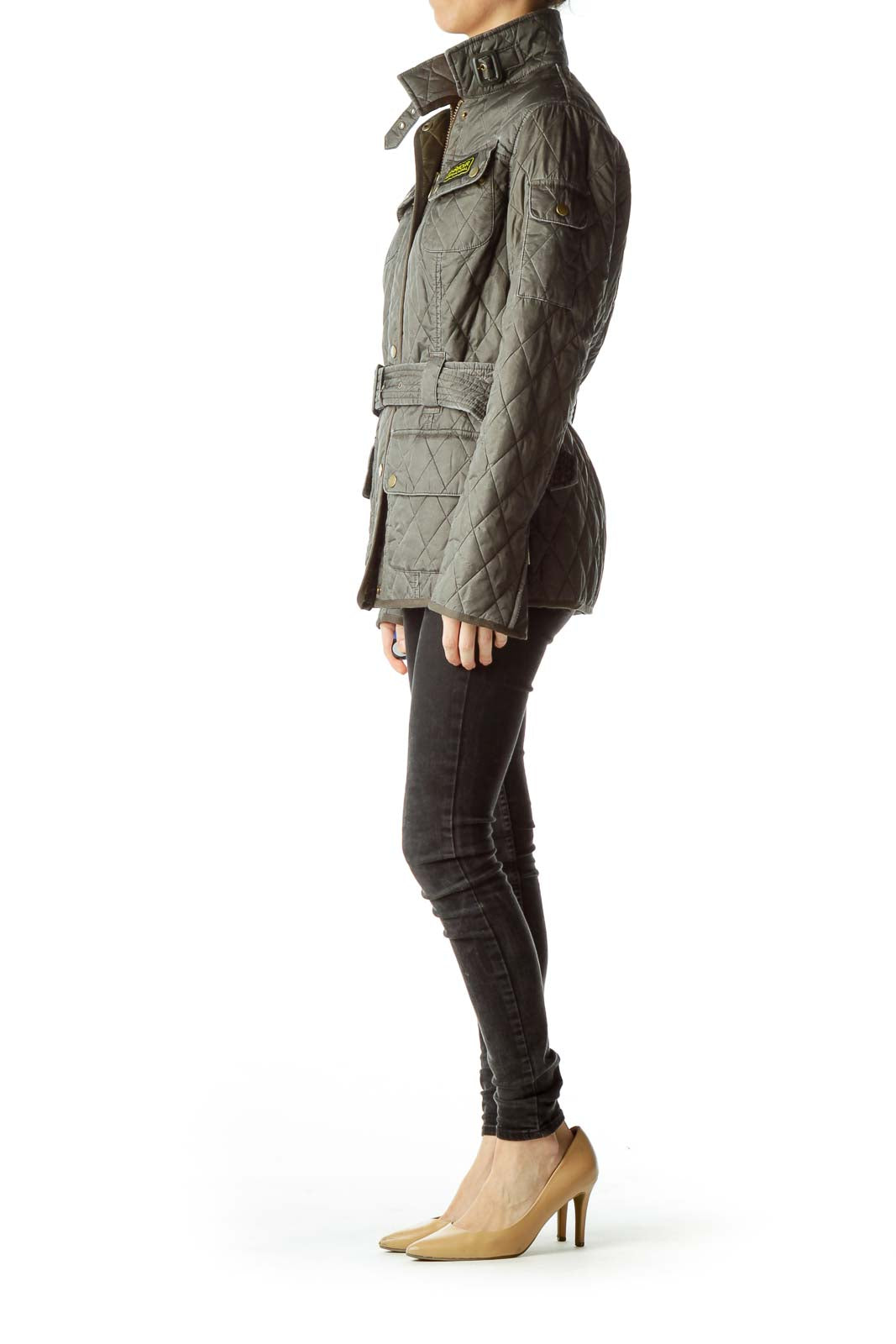 Gray Belted High Neck Padded Jacket