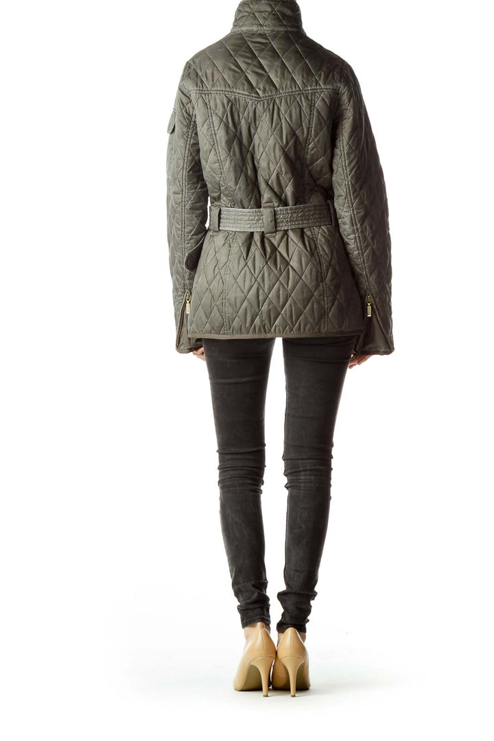 Gray Belted High Neck Padded Jacket