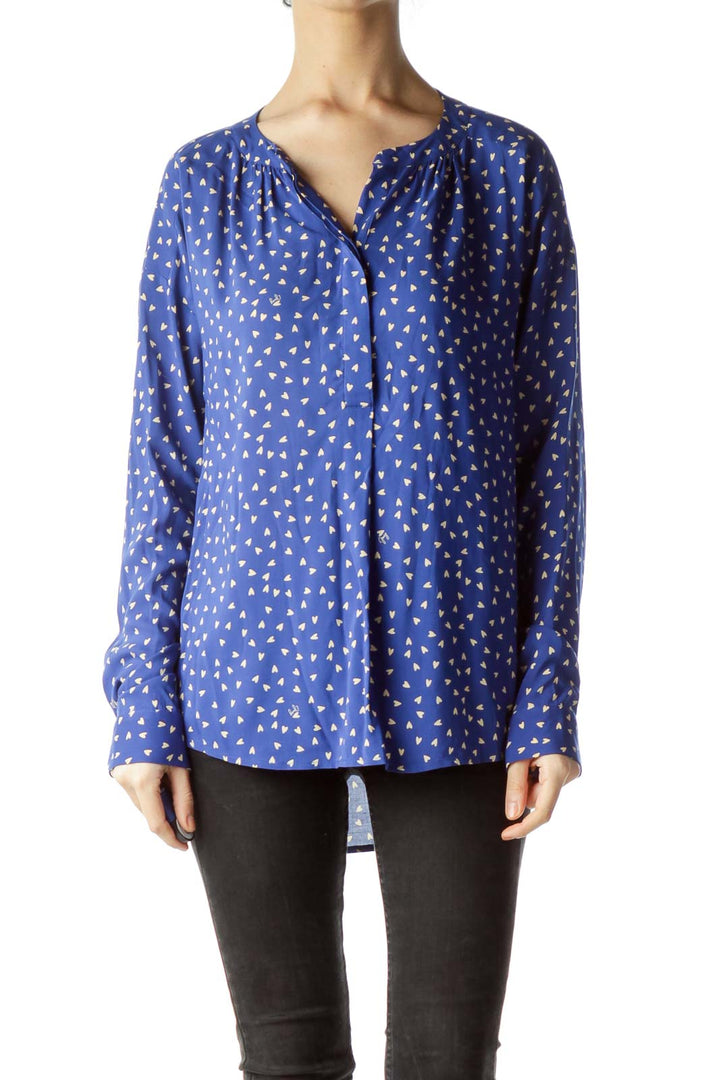 Blue Small Hearts Printed Long-Sleeve Blouse