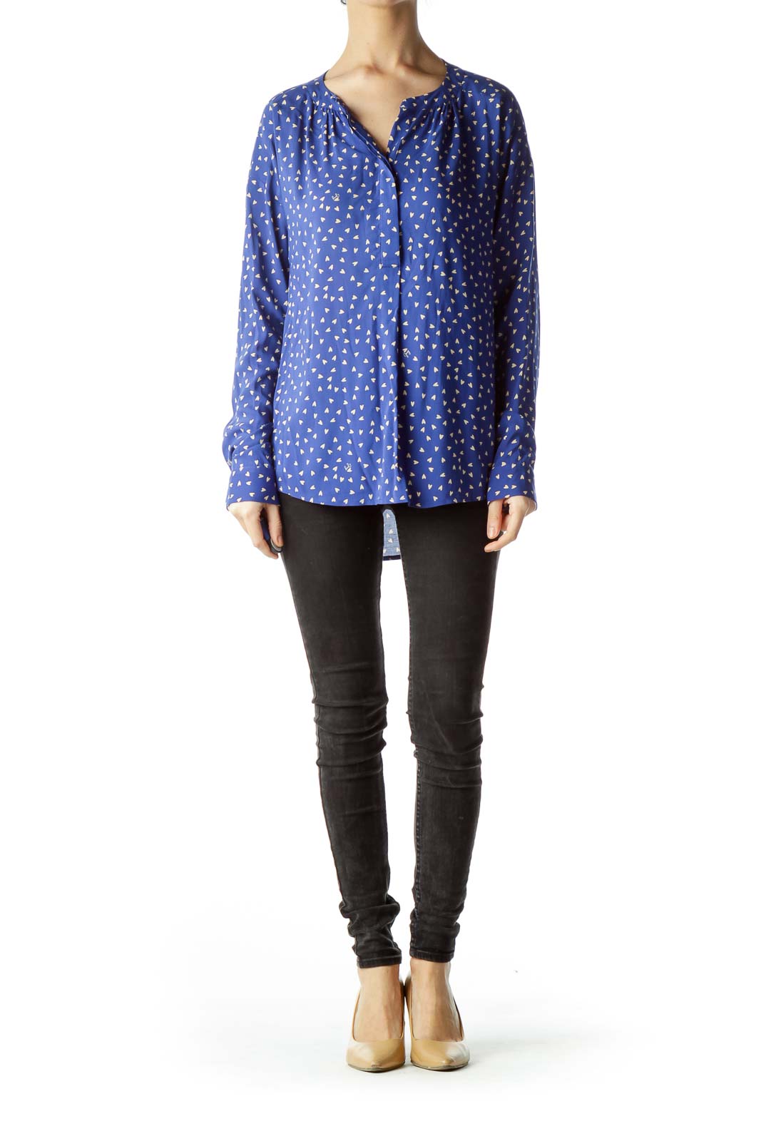 Blue Small Hearts Printed Long-Sleeve Blouse