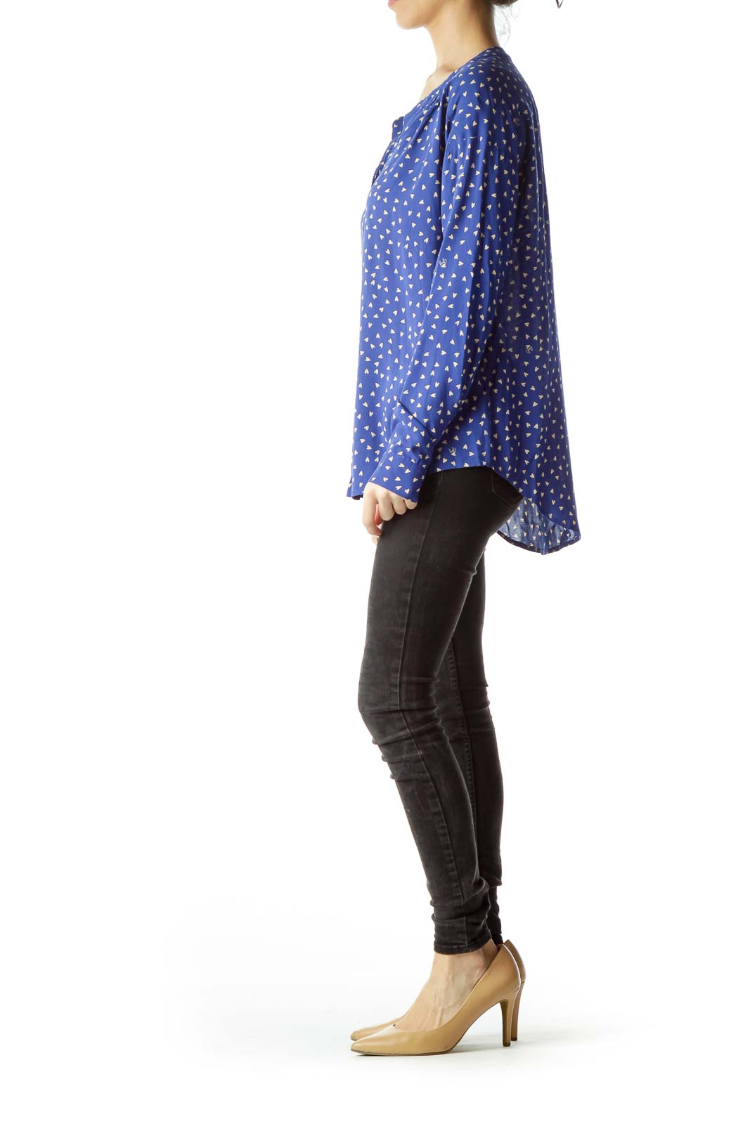 Blue Small Hearts Printed Long-Sleeve Blouse