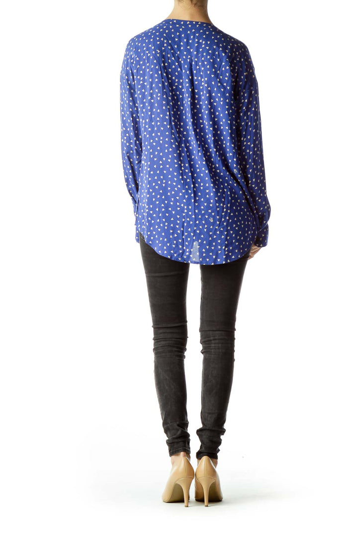 Blue Small Hearts Printed Long-Sleeve Blouse