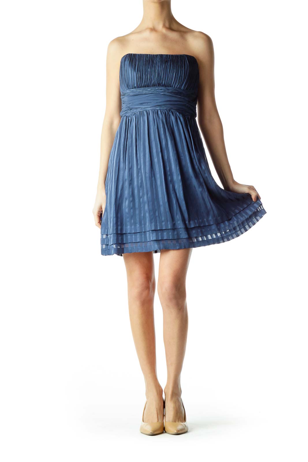 Blue Silk Pleated Strapless Cocktail Dress