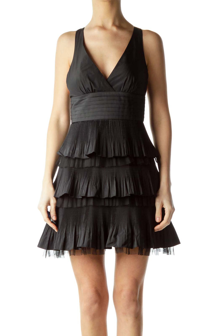 Black V-Neck Pleated Ruffles Cocktail Dress