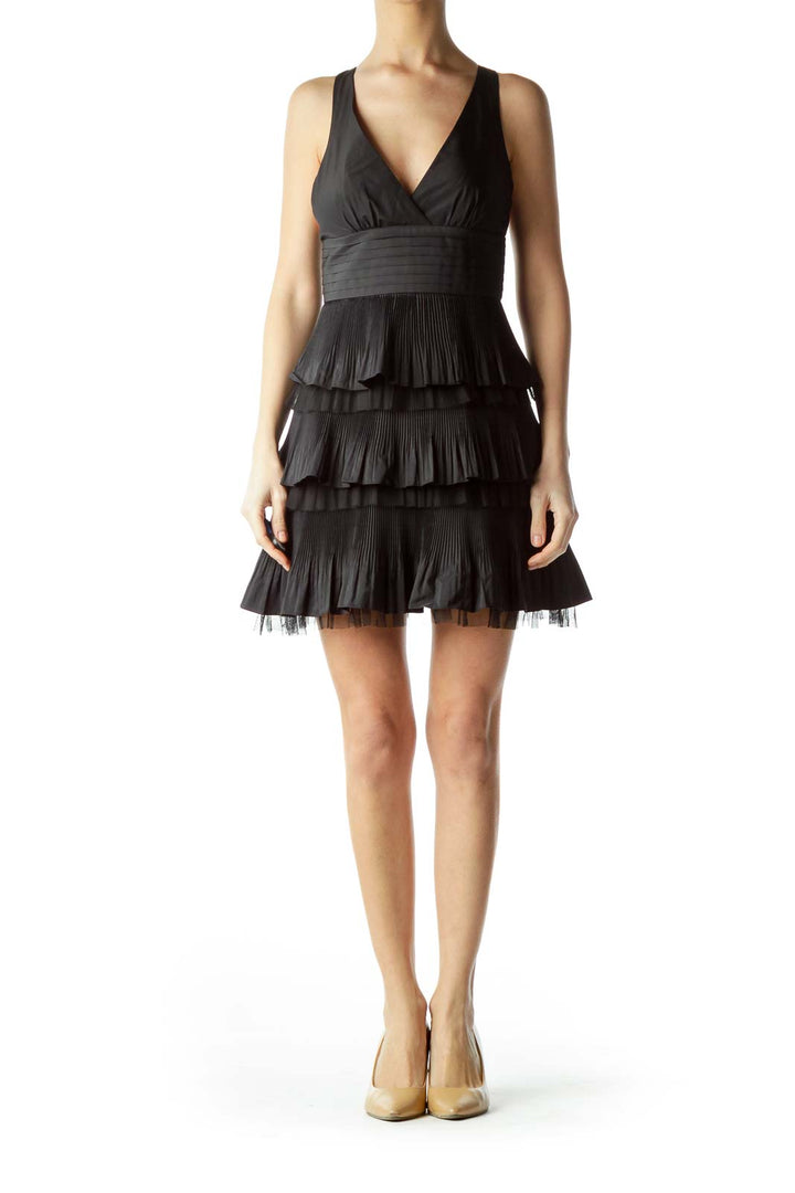 Black V-Neck Pleated Ruffles Cocktail Dress