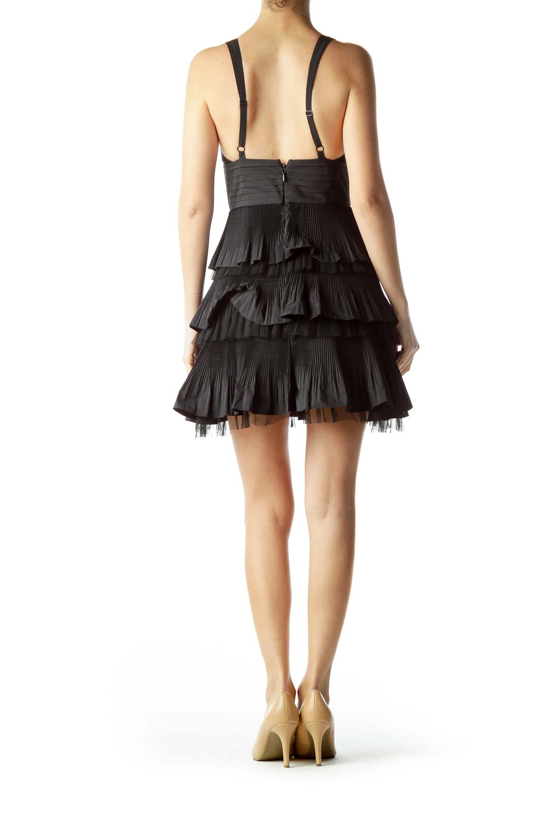 Black V-Neck Pleated Ruffles Cocktail Dress