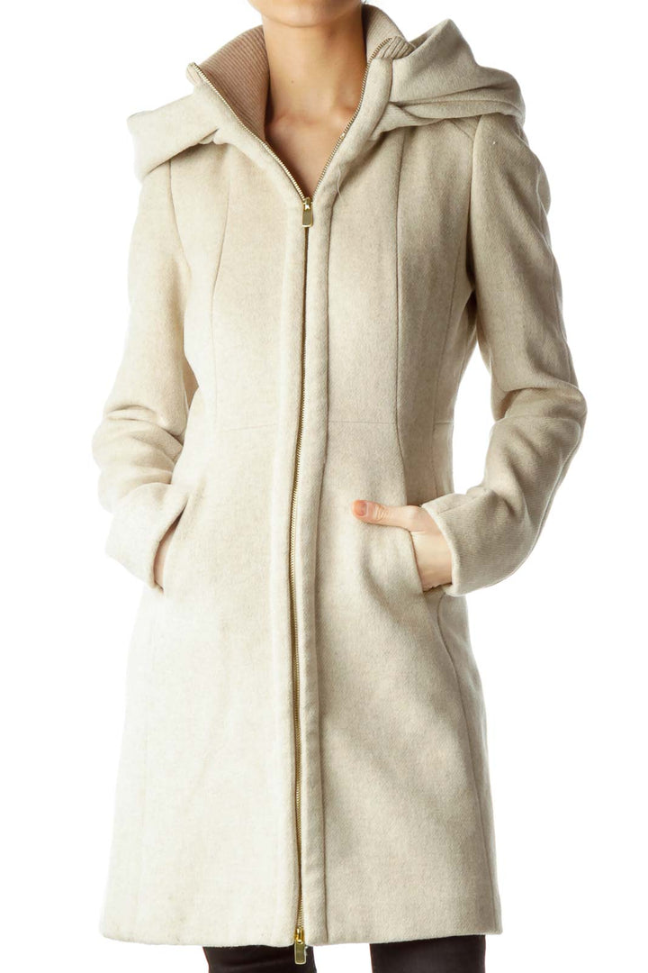 Beige Hooded Coat with Gold Zipper