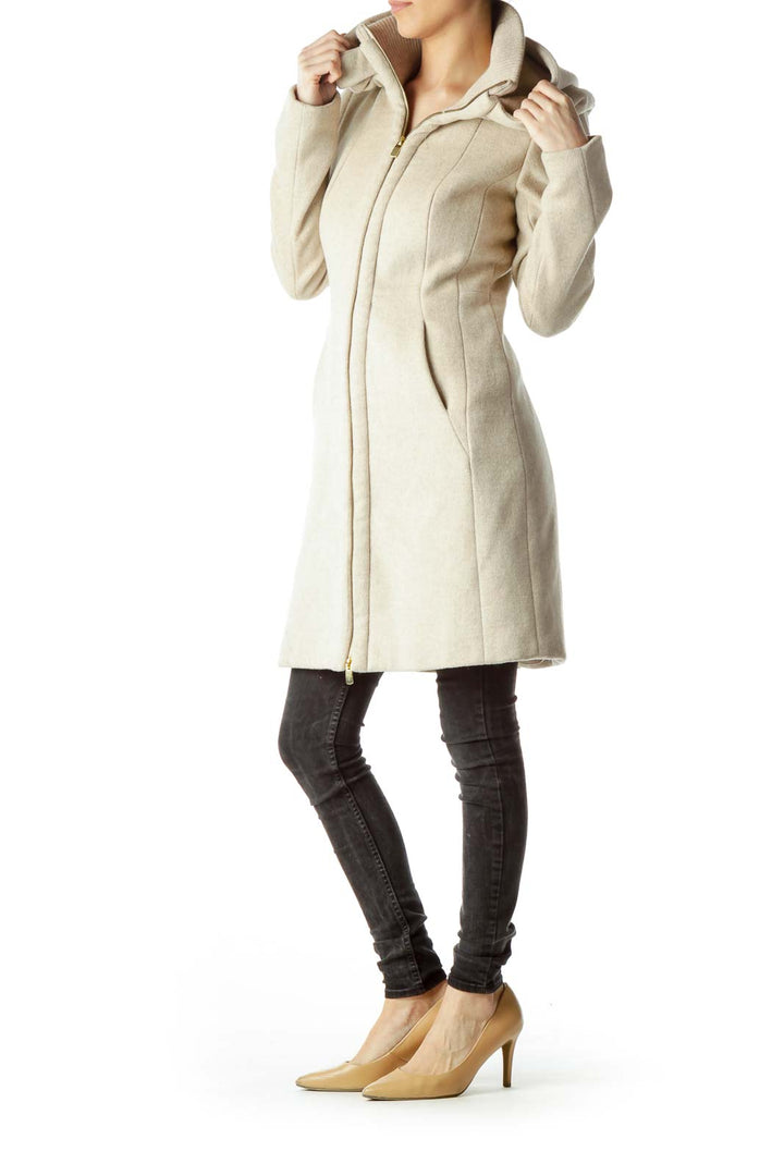 Beige Hooded Coat with Gold Zipper