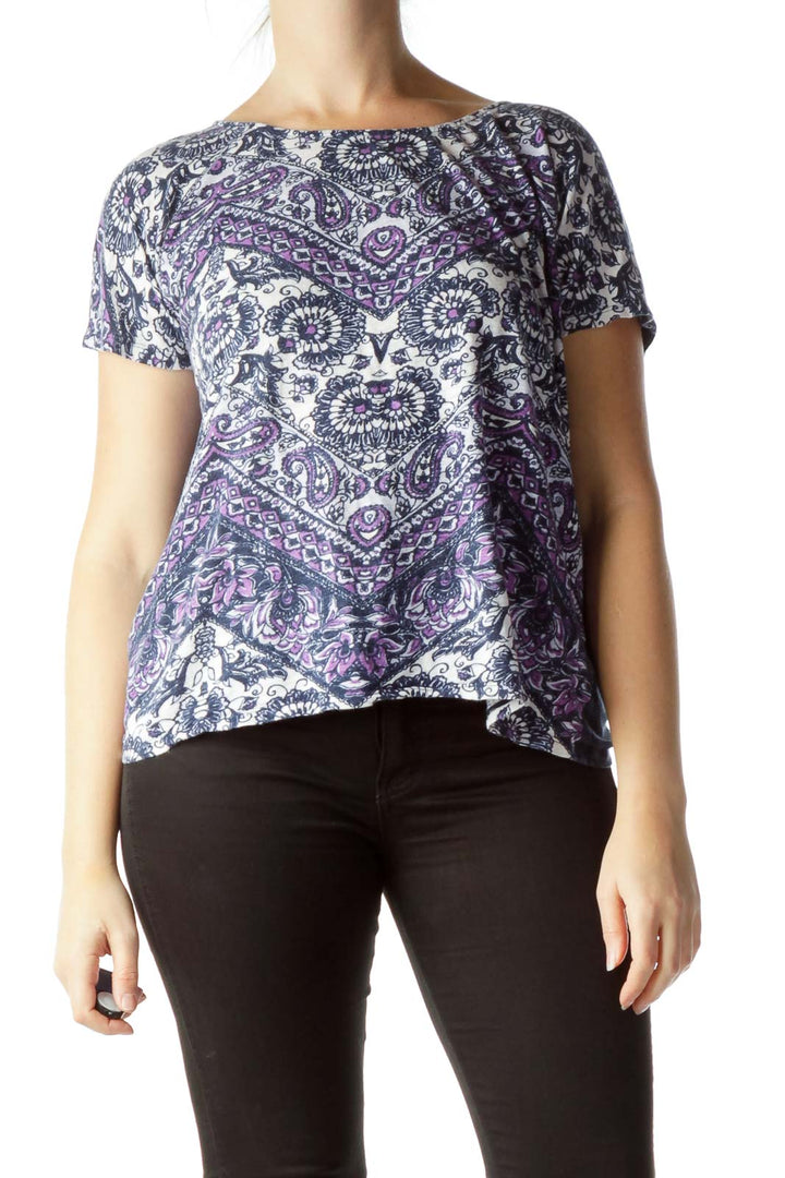 Blue Purple White Print T-Shirt