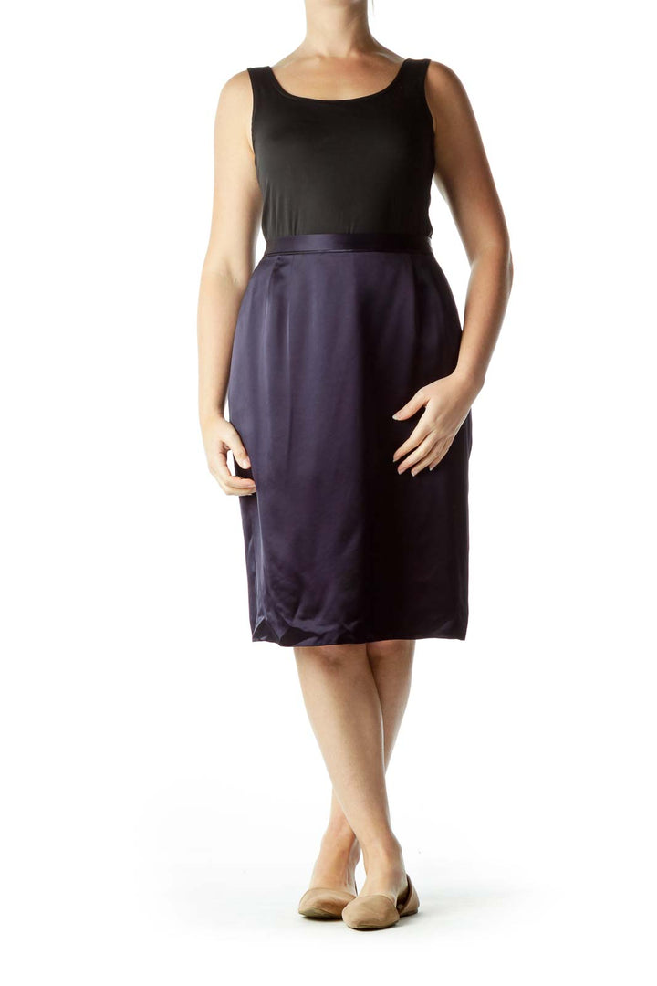 Navy Satin Midi Skirt