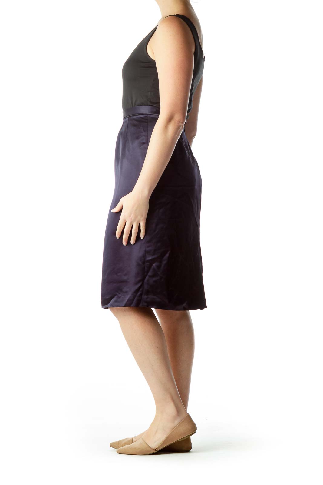 Navy Satin Midi Skirt