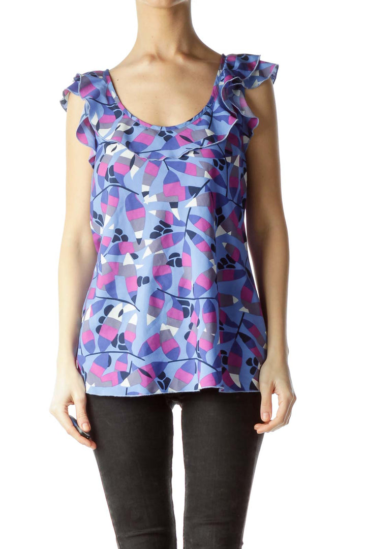 Blue Purple Round Neck Ruffled Sleeveless Blouse