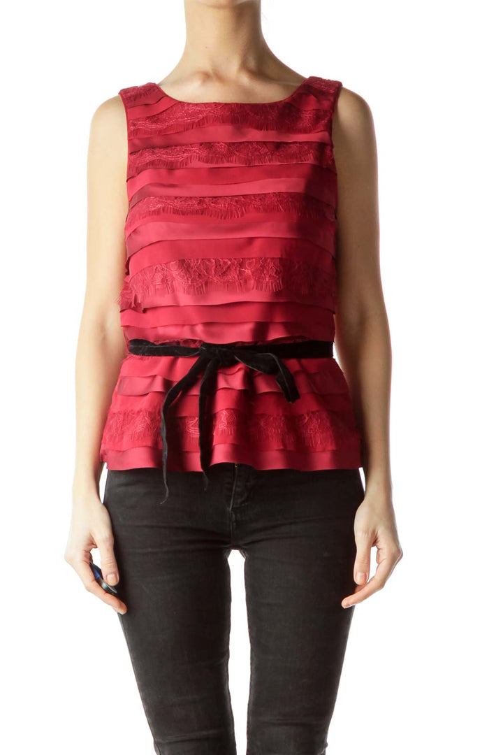 Red Lace Round Neck Tank Top