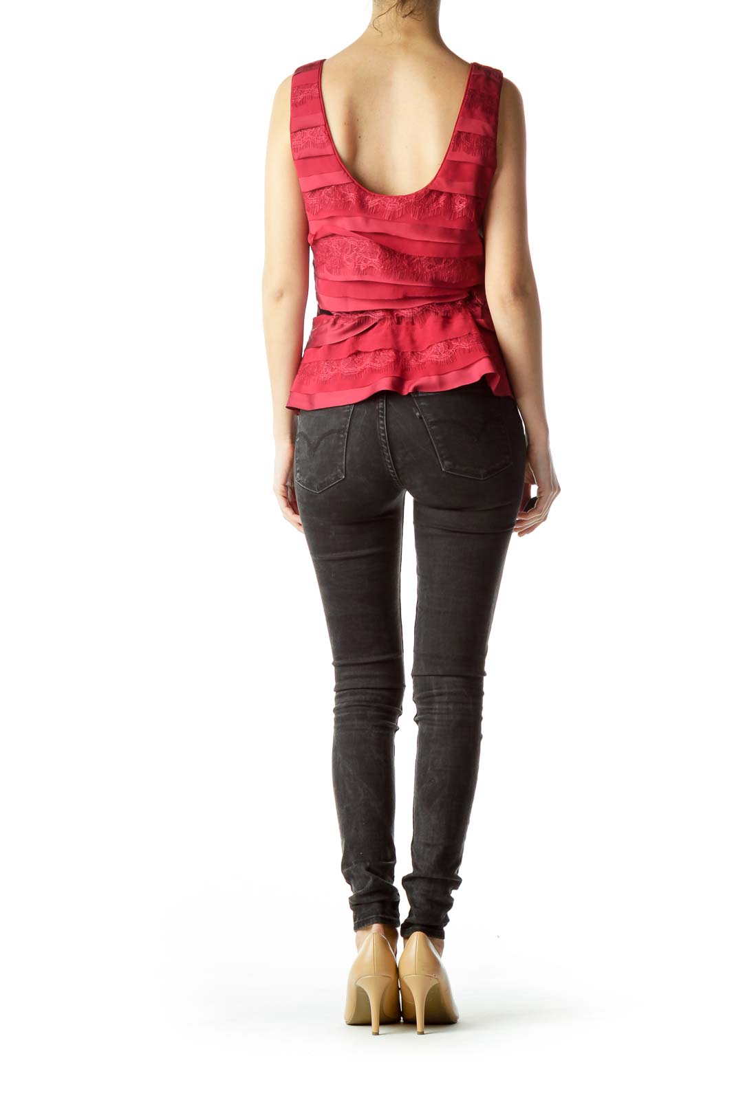 Red Lace Round Neck Tank Top