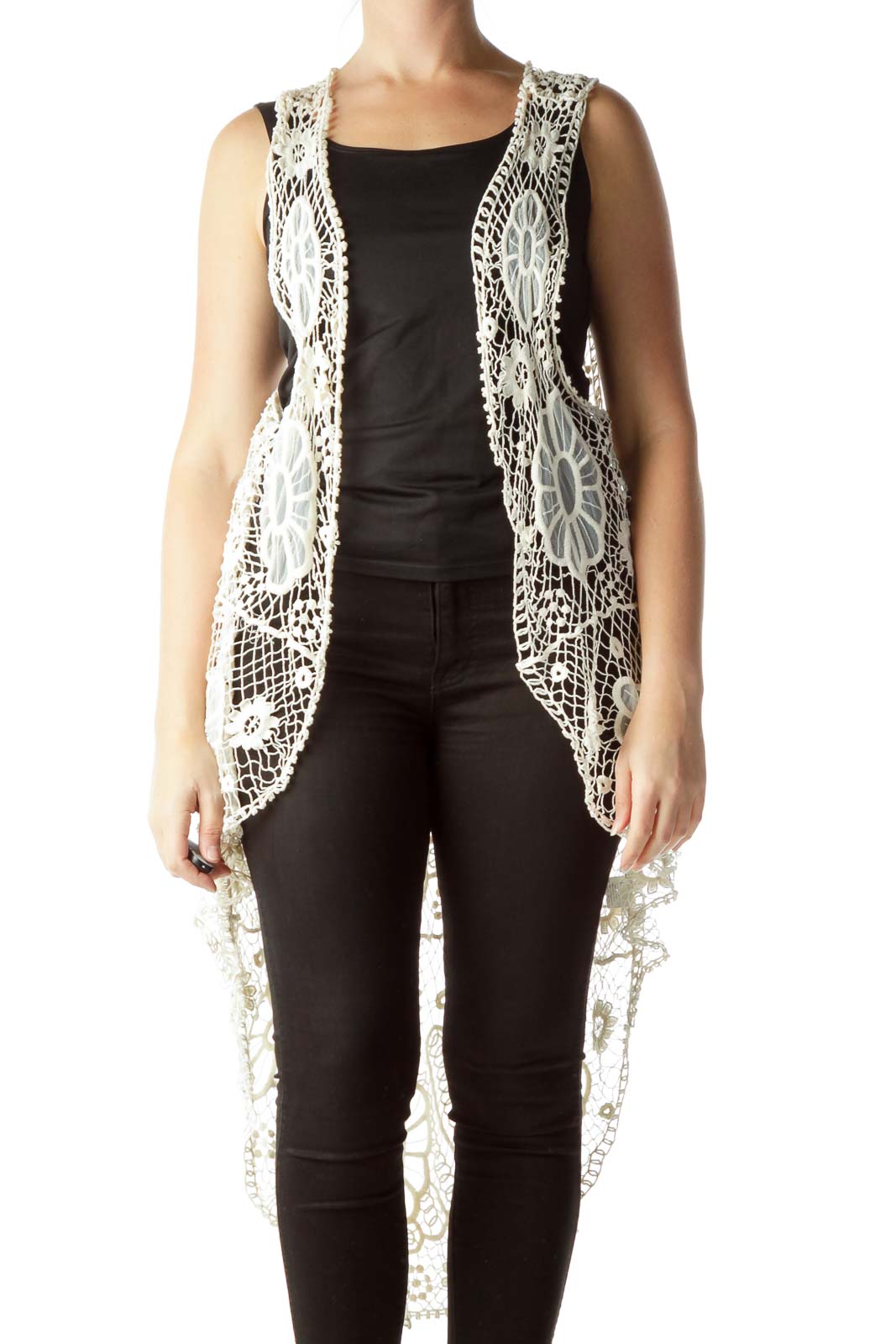 Front view of white crochet lace vest with intricate floral pattern