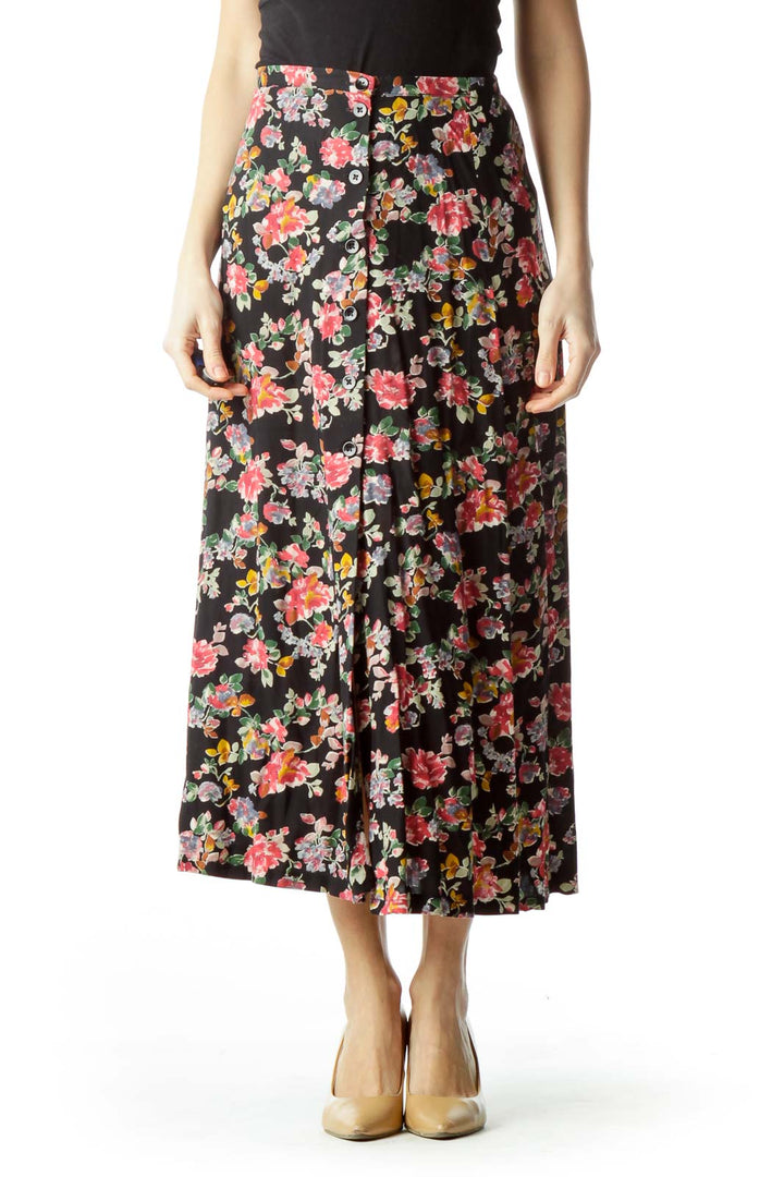 Black Pink Floral Buttoned Maxi Skirt