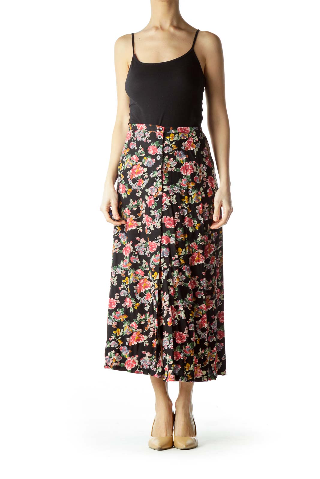 Black Pink Floral Buttoned Maxi Skirt