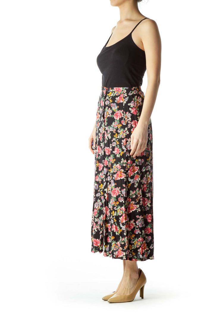 Black Pink Floral Buttoned Maxi Skirt